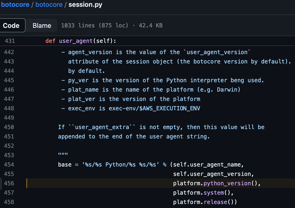 botocore's session.py on GitHub: the user_agent method builds its string from platform.python_version(), platform.system() and platform.release()