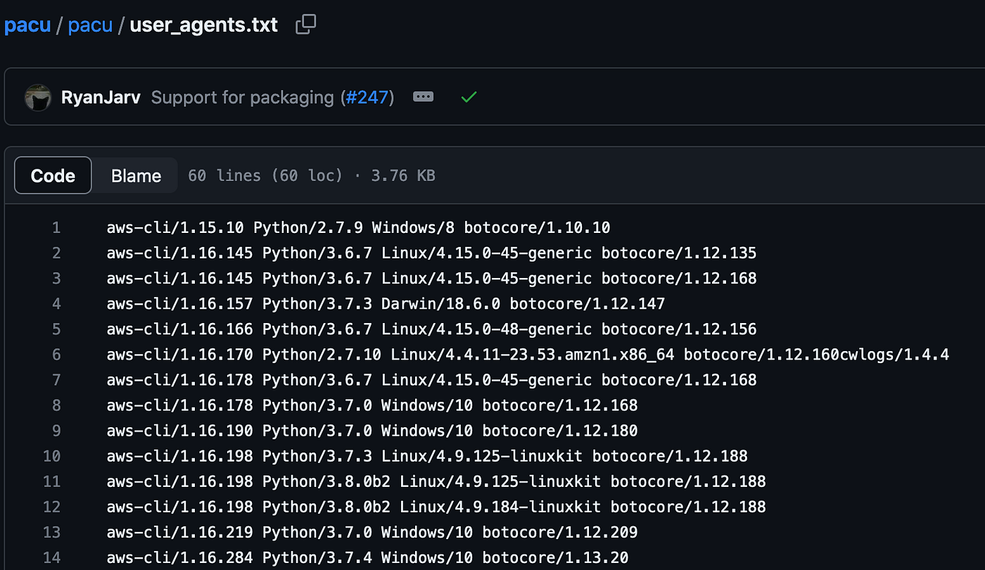pacu's user_agents.txt on GitHub, listing real aws-cli user agent strings for Windows, Linux and Darwin