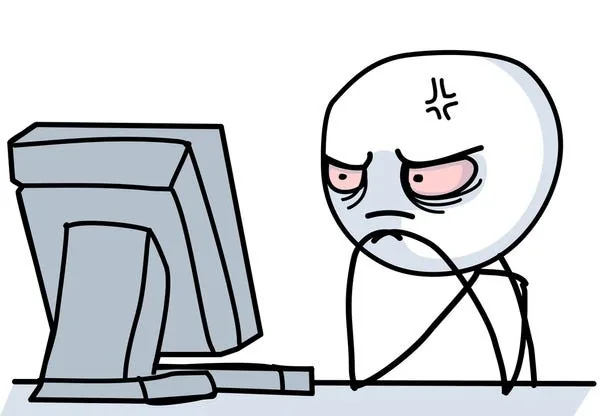 A cartoon figure glaring furiously at a computer monitor