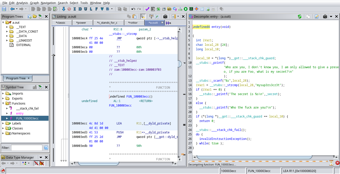 Ghidra showing the disassembly of a.out beside the decompiled C, where the input is compared against a hard-coded secret