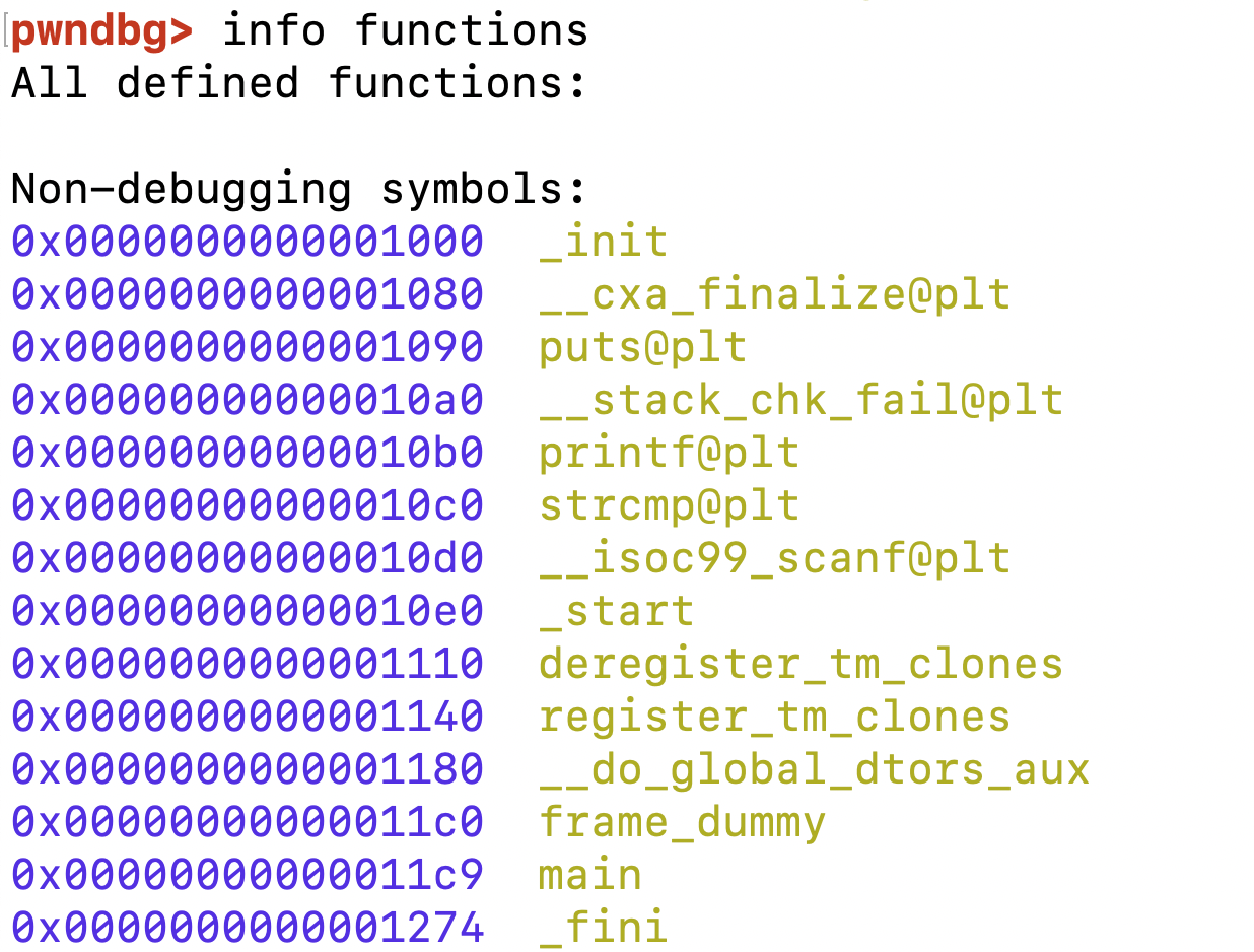 pwndbg's info functions output, listing the symbols of the binary from _init to _fini with main at 0x11c9