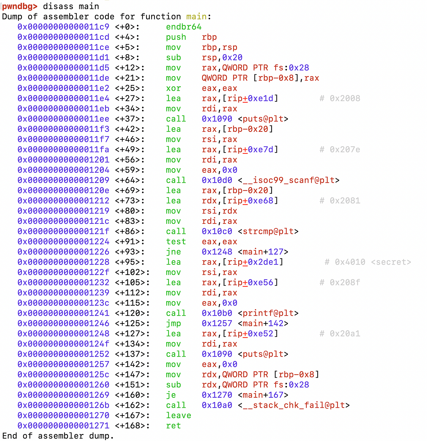 pwndbg's disassembly of main, from the stack canary setup through scanf and strcmp to the two printf branches