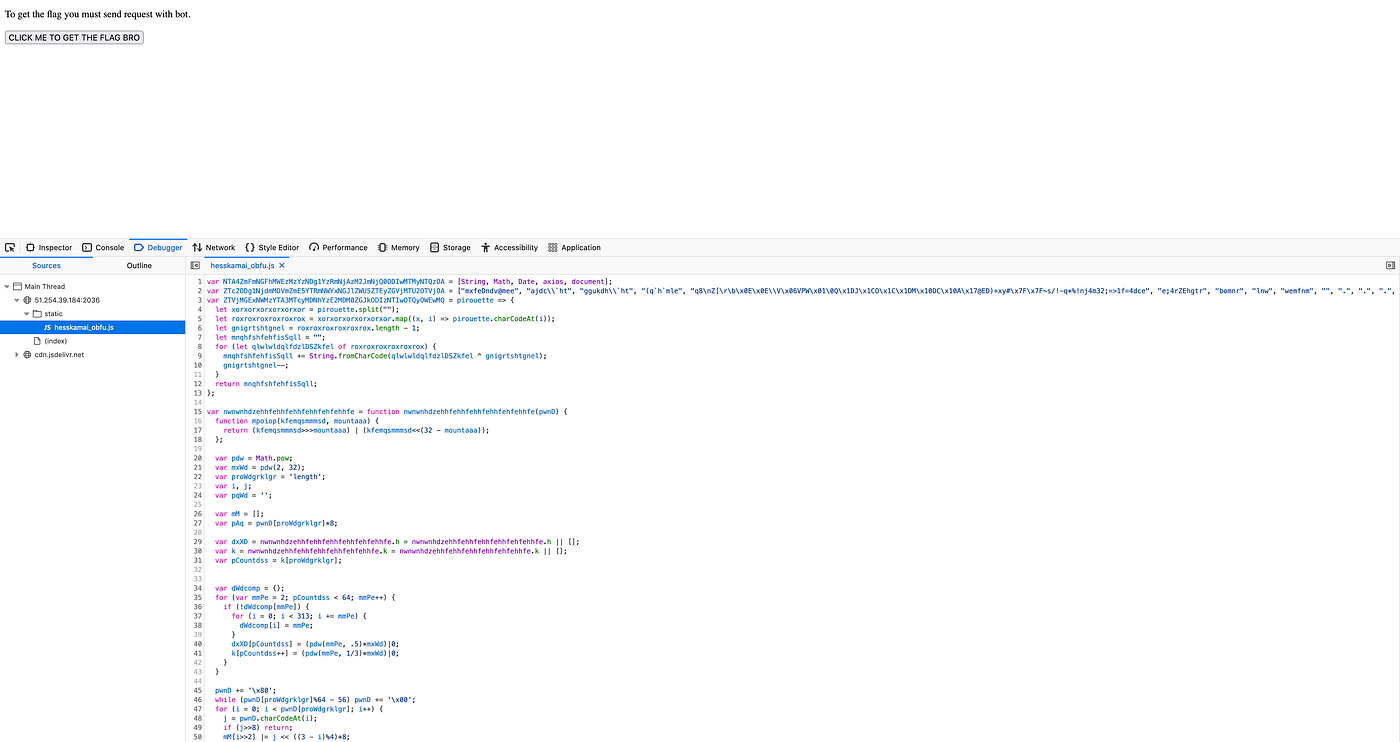 Browser devtools open on a CTF page, showing a heavily obfuscated JavaScript file