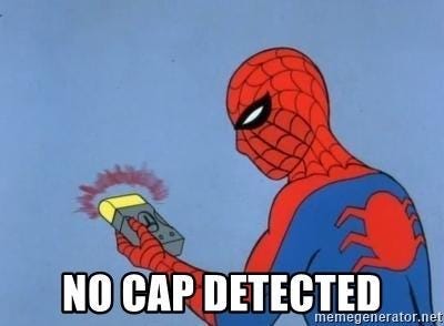 Spider-Man looking at a device displaying No cap detected