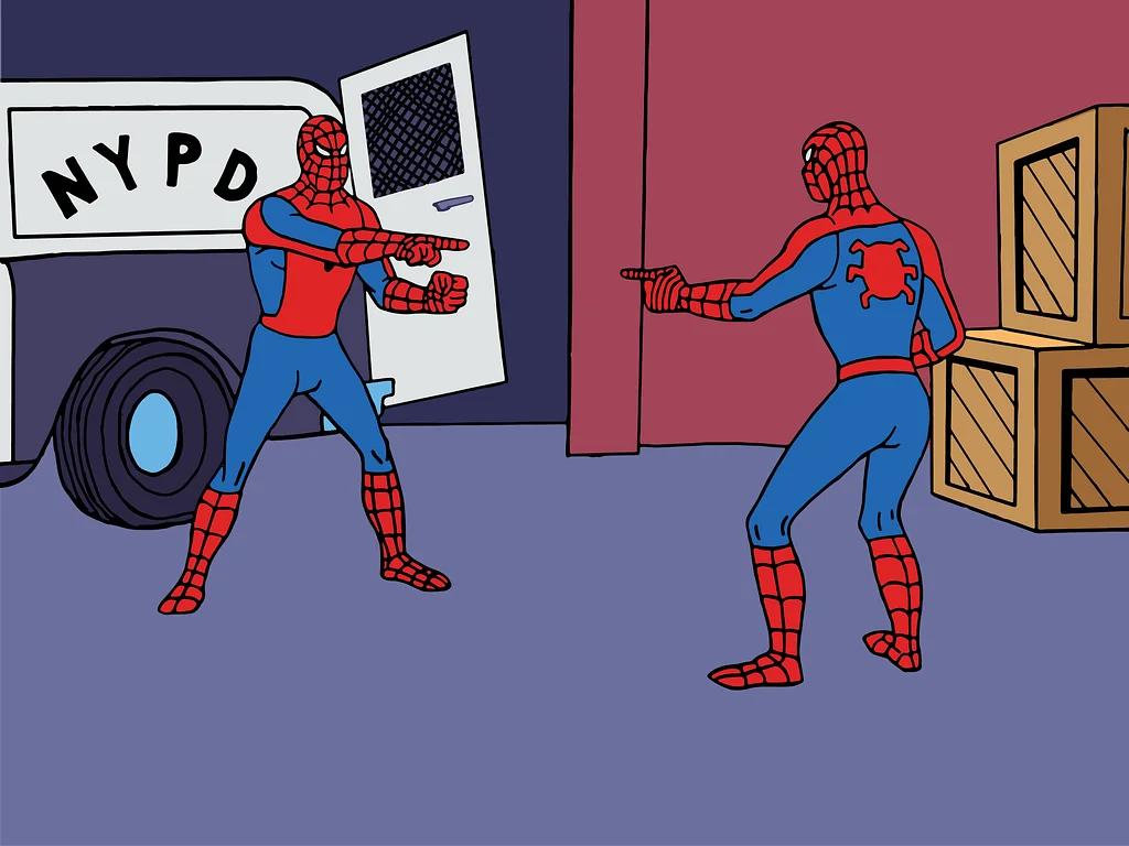 Two Spider-Men pointing at each other